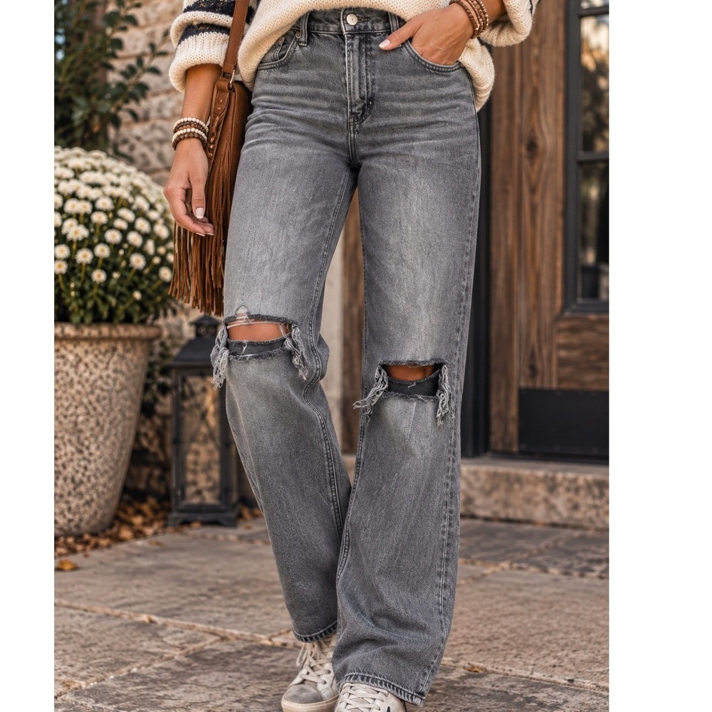 American Eagle 90s Bootcut Jeans Women Faded Black Distressed High Rise Denim 12